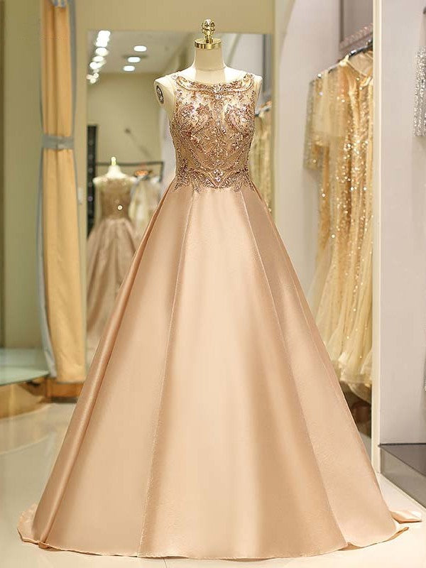 Sleeveless Bateau Sweep/Brush Train Beading Satin Dresses